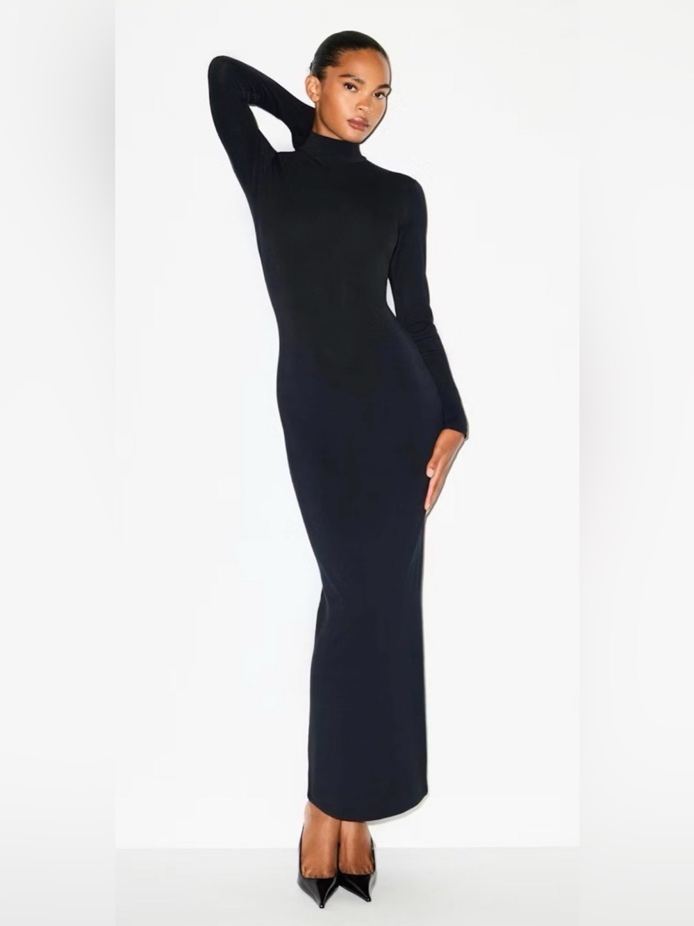 NWT SKIMS Smooth Layers Turtleneck Long Sleeve Maxi Dress Obsidian Black XS